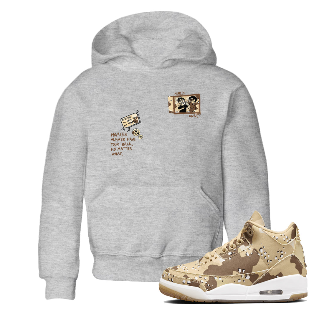 AJ3 Desert Camo shirts to match jordans Homies Only sneaker match tees Air Jordan 3 Desert Camo Drip Gear Zone streetwear brand Baby and Youth Heather Grey 1 cotton tee
