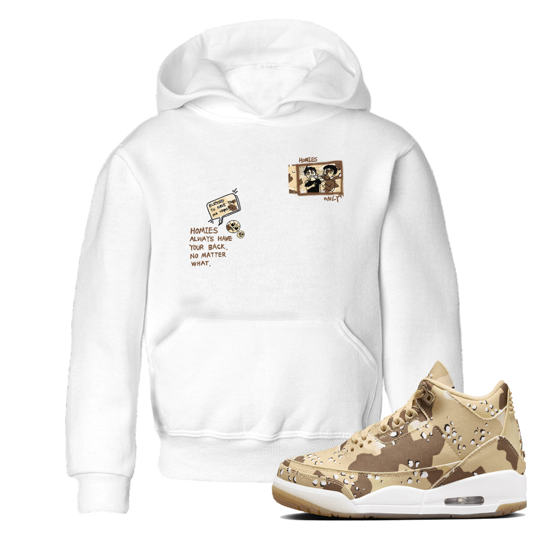AJ3 Desert Camo shirts to match jordans Homies Only sneaker match tees Air Jordan 3 Desert Camo Drip Gear Zone streetwear brand Baby and Youth White 1 cotton tee