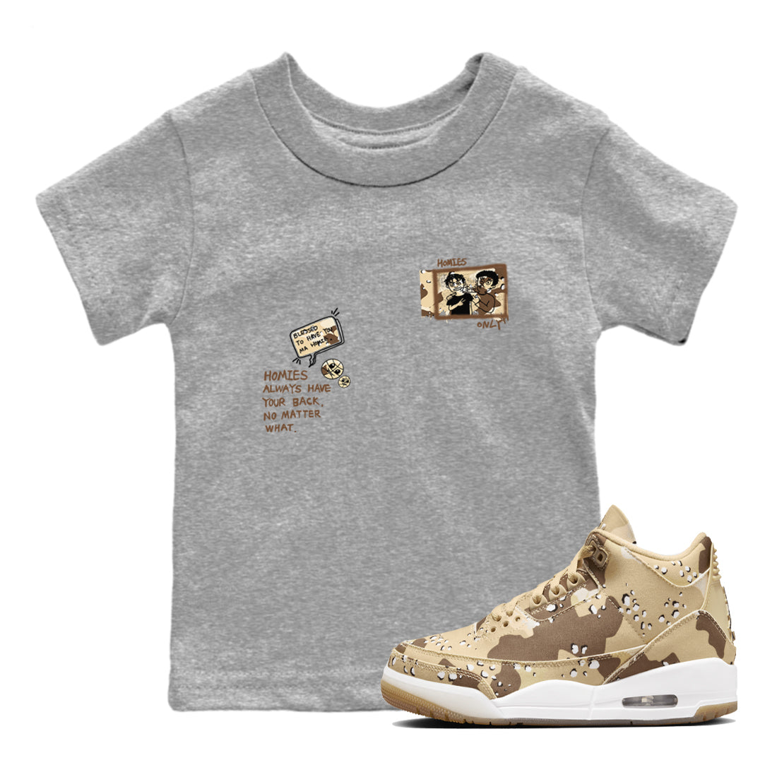 AJ3 Desert Camo shirts to match jordans Homies Only sneaker match tees Air Jordan 3 Desert Camo Drip Gear Zone streetwear brand Baby and Youth Heather Grey 1 cotton tee