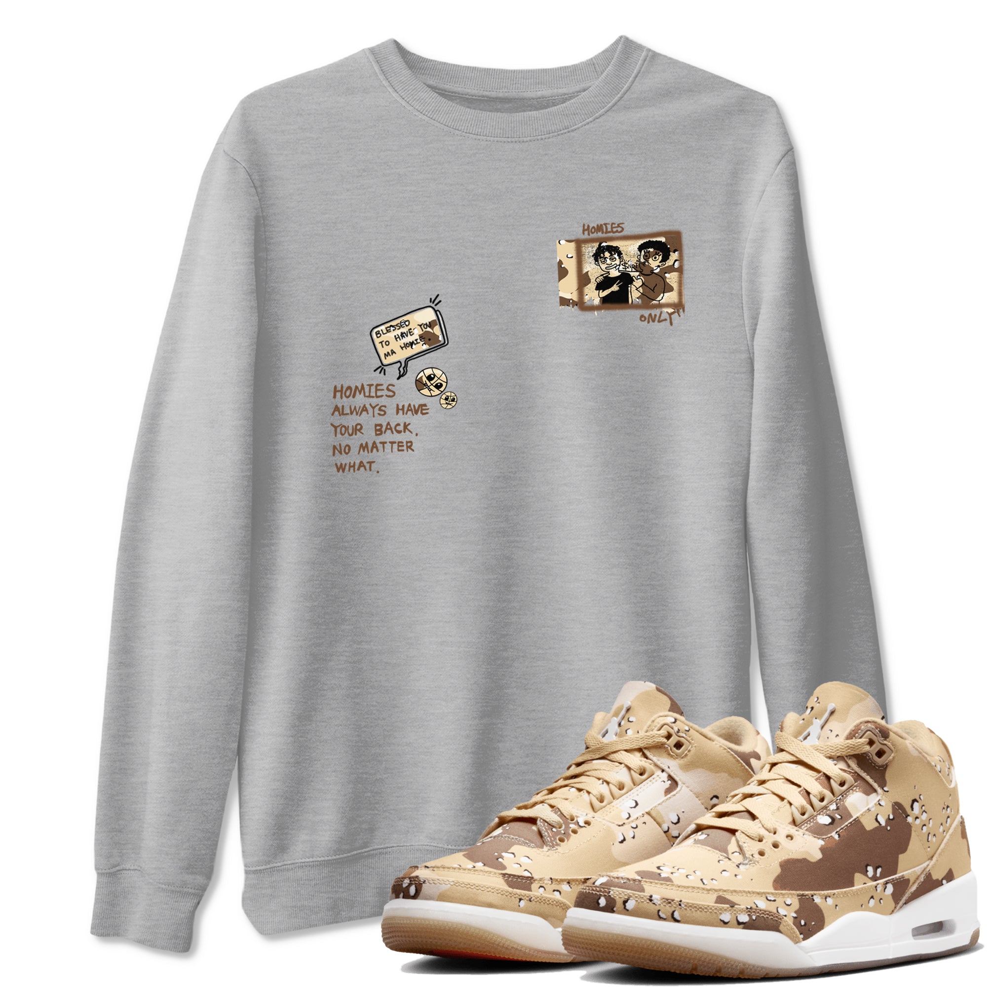 AJ3 Desert Camo shirts to match jordans Homies Only sneaker match tees Air Jordan 3 Desert Camo Drip Gear Zone streetwear brand Heather Grey 1 unisex cotton tee