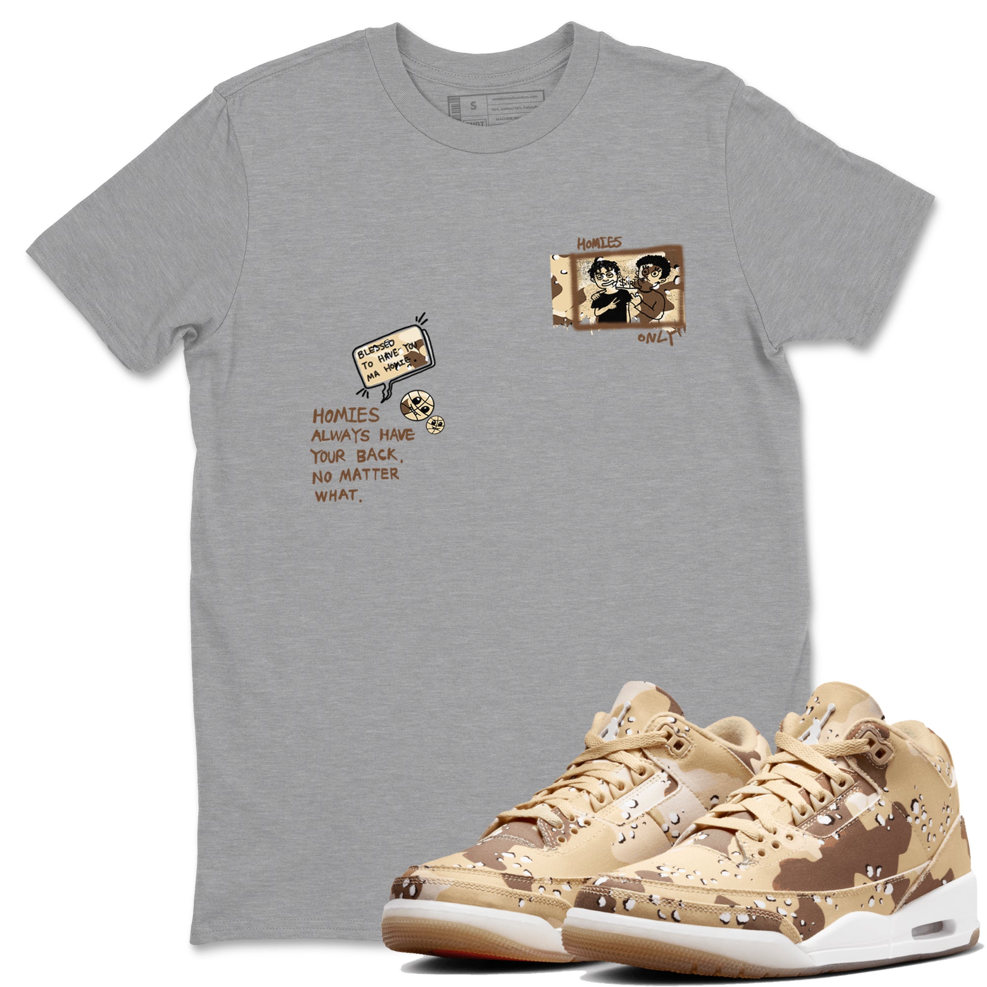 AJ3 Desert Camo shirts to match jordans Homies Only sneaker match tees Air Jordan 3 Desert Camo Drip Gear Zone streetwear brand Heather Grey 1 unisex cotton tee