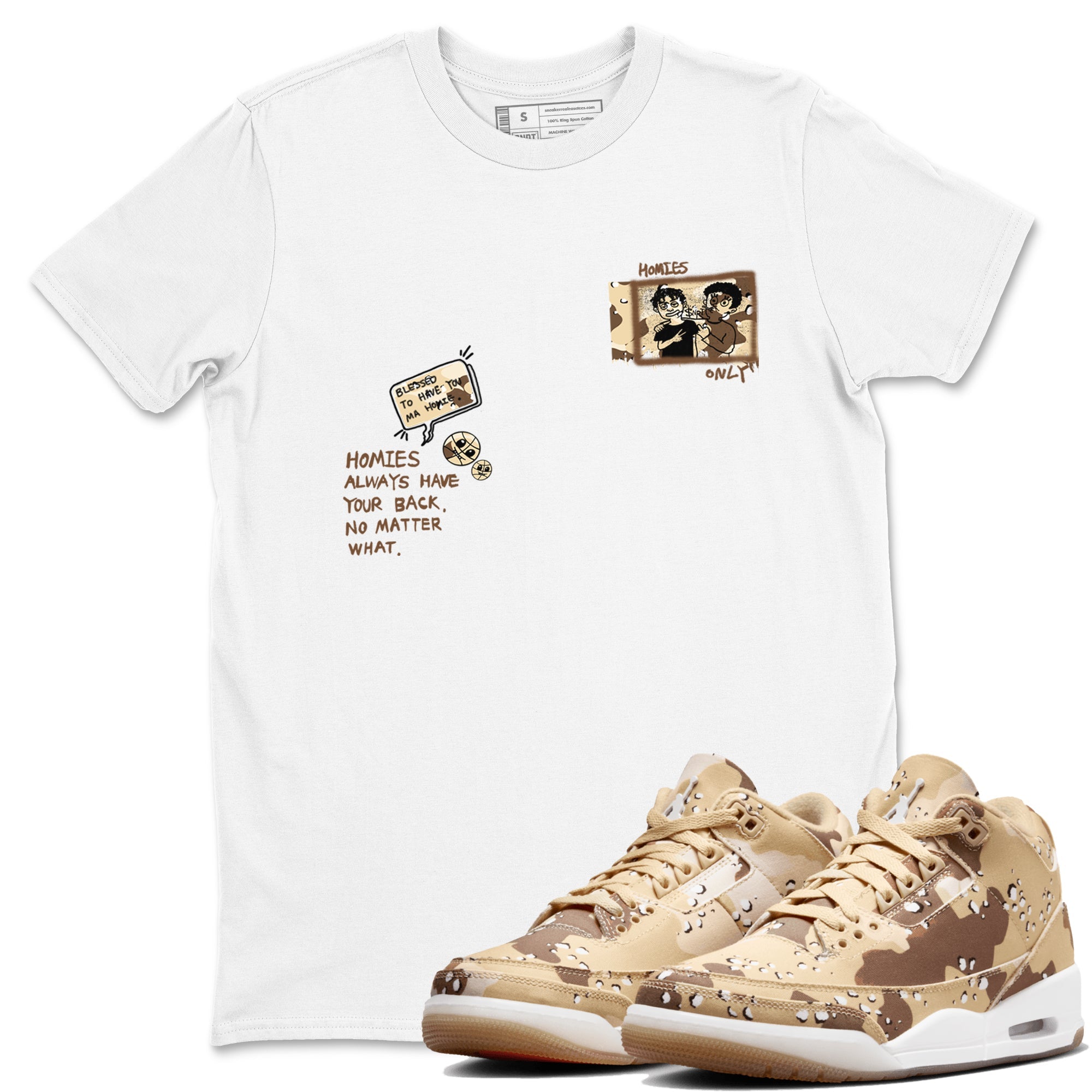 AJ3 Desert Camo shirts to match jordans Homies Only sneaker match tees Air Jordan 3 Desert Camo Drip Gear Zone streetwear brand White 1 unisex cotton tee