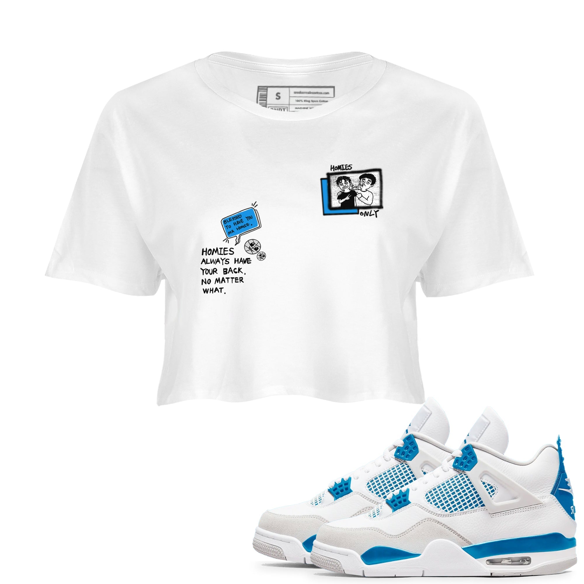 4s Military Blue shirt to match jordans Homies Only sneaker tees Air Jordan 4 Military Blue Drip Gear Zone White 1 crop length shirt