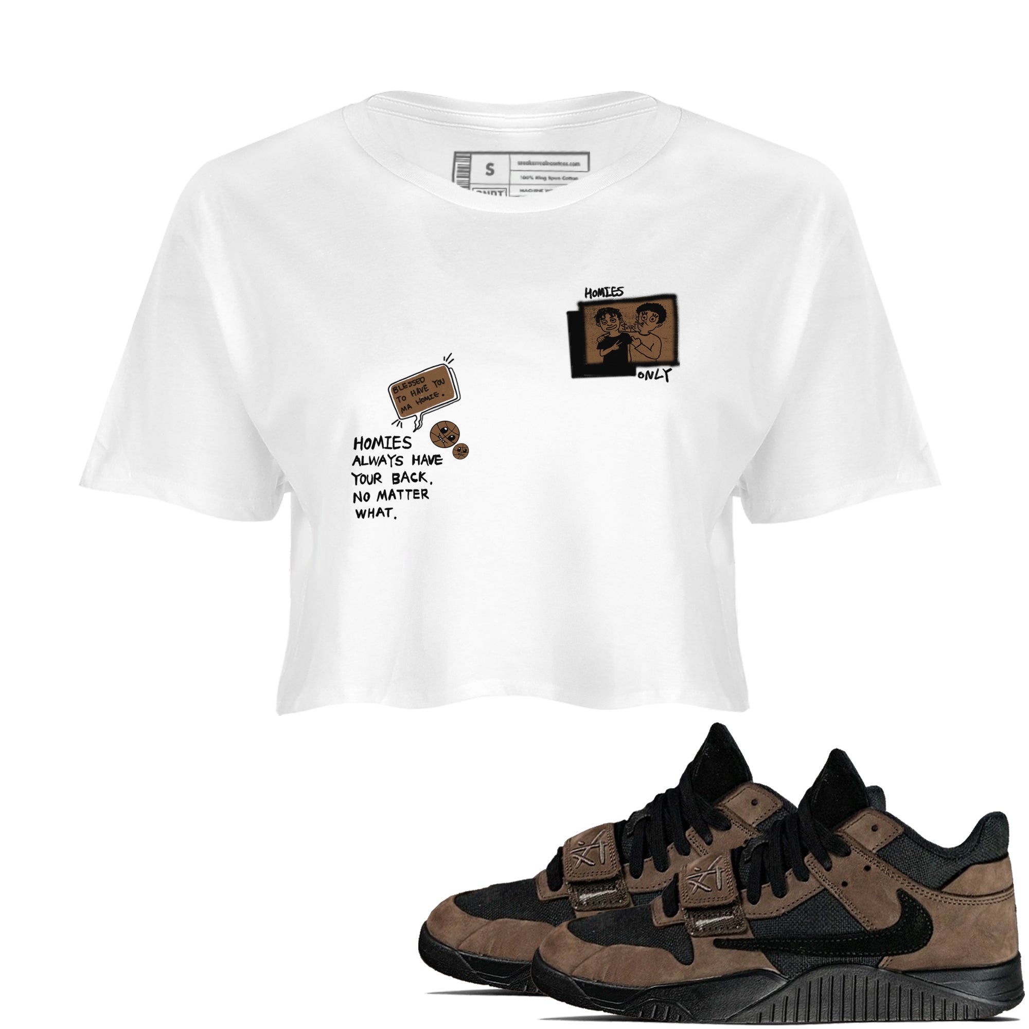 Jordan Jumpman Jack TR Travis Scott Dark Mocha shirts to match jordans Homies Only sneaker match tees Jordan Jumpman Jack Travis Scott Dark Mocha match shoes to clothes Drip Gear Zone unisex cotton White 1 crop tee
