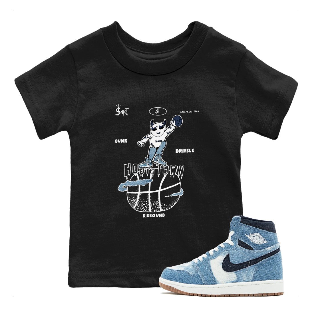 1s Denim shirts to match jordans Hoops Town sneaker match tees Air Jordan 1 Denim Drip Gear Zone streetwear brand Baby and Youth Black 1 cotton tee