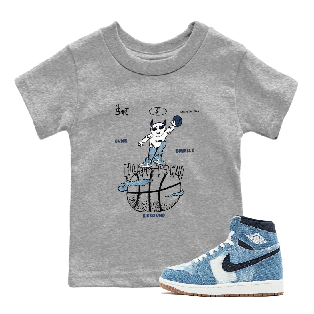 1s Denim shirts to match jordans Hoops Town sneaker match tees Air Jordan 1 Denim Drip Gear Zone streetwear brand Baby and Youth Heather Grey 1 cotton tee