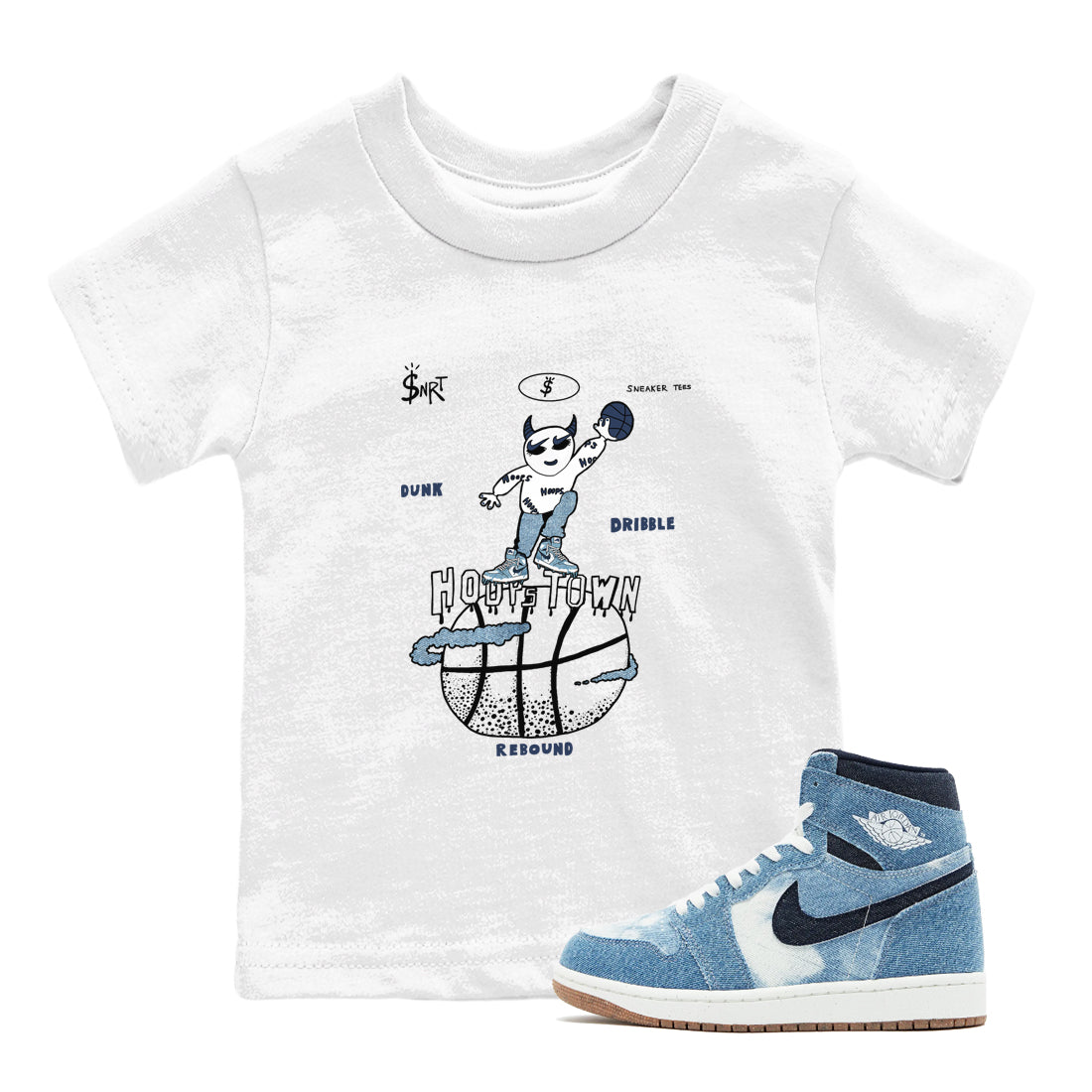 1s Denim shirts to match jordans Hoops Town sneaker match tees Air Jordan 1 Denim Drip Gear Zone streetwear brand Baby and Youth White 1 cotton tee