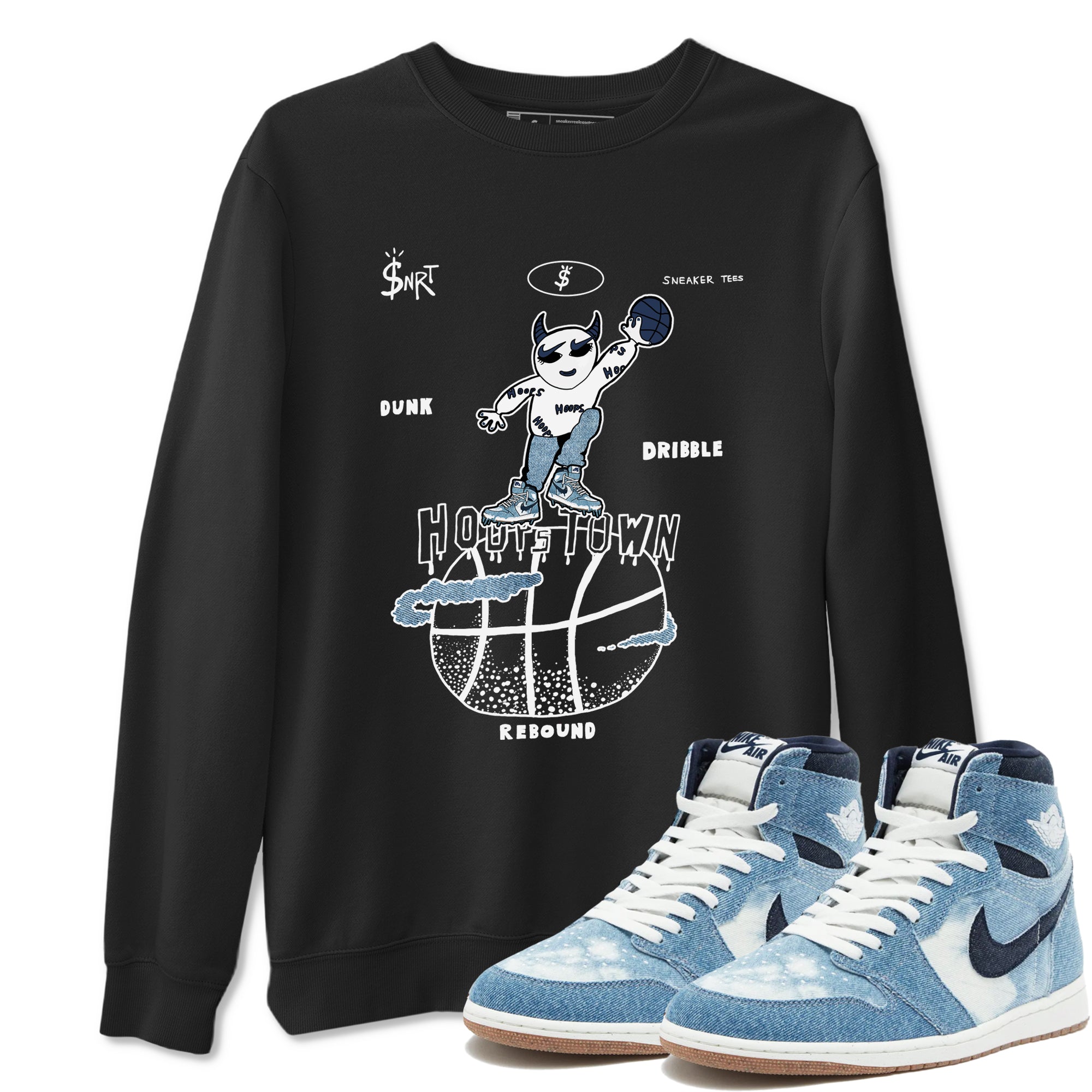 1s Denim shirts to match jordans Hoops Town sneaker match tees Air Jordan 1 Denim Drip Gear Zone streetwear brand Black 1 unisex cotton tee