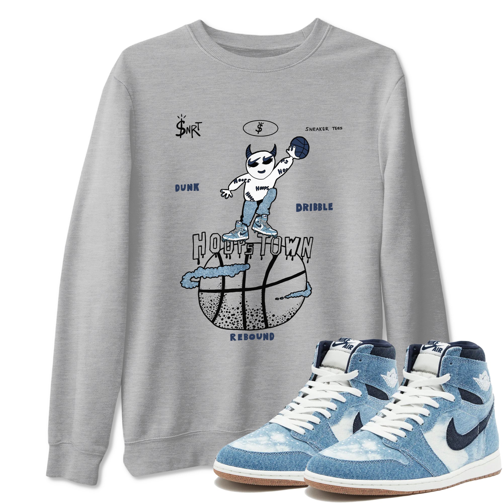 1s Denim shirts to match jordans Hoops Town sneaker match tees Air Jordan 1 Denim Drip Gear Zone streetwear brand Heather Grey 1 unisex cotton tee