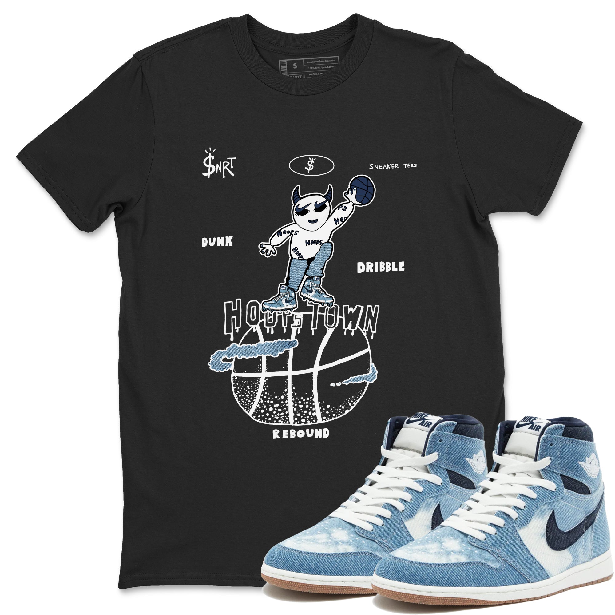 1s Denim shirts to match jordans Hoops Town sneaker match tees Air Jordan 1 Denim Drip Gear Zone streetwear brand Black 1 unisex cotton tee
