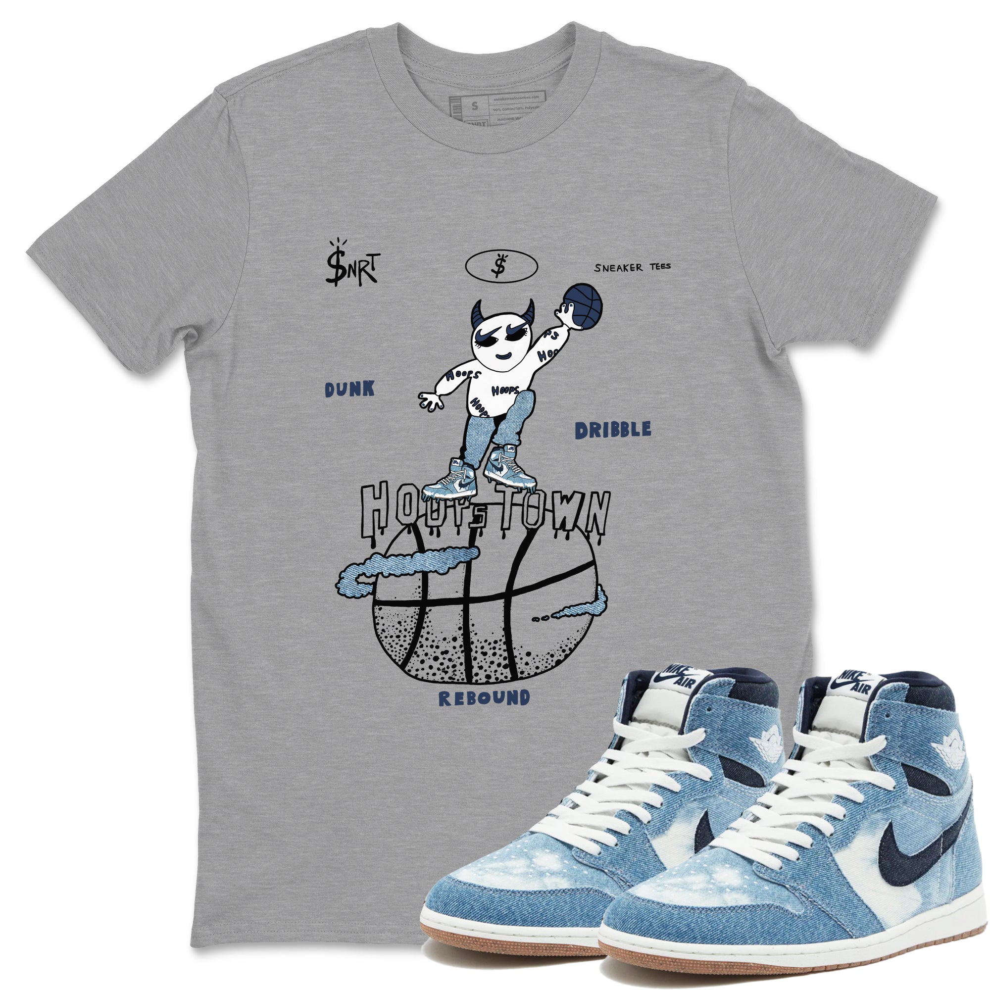 1s Denim shirts to match jordans Hoops Town sneaker match tees Air Jordan 1 Denim Drip Gear Zone streetwear brand Heather Grey 1 unisex cotton tee
