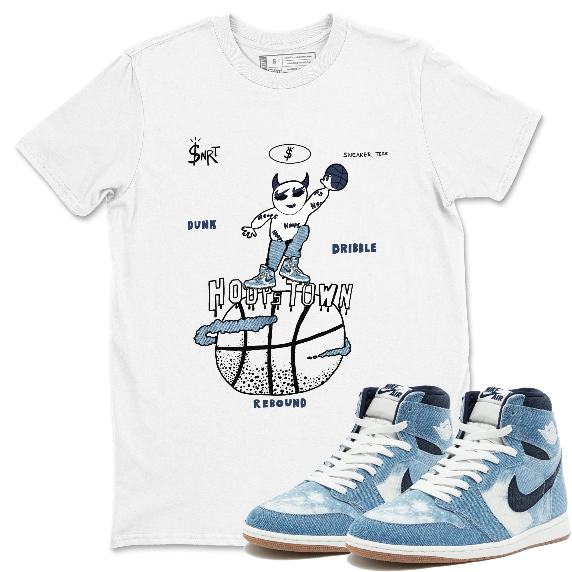 1s Denim shirts to match jordans Hoops Town sneaker match tees Air Jordan 1 Denim Drip Gear Zone streetwear brand White 1 unisex cotton tee