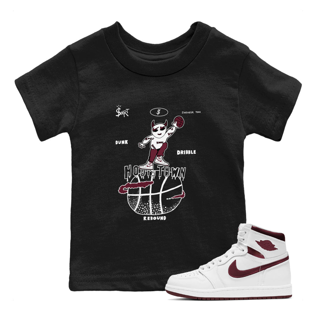 AJ1 Metallic Burgundy shirts to match jordans Hoops Town sneaker match tees Air Jordan 1 Metallic Burgundy Drip Gear Zone streetwear brand Baby and Youth Black 1 cotton tee