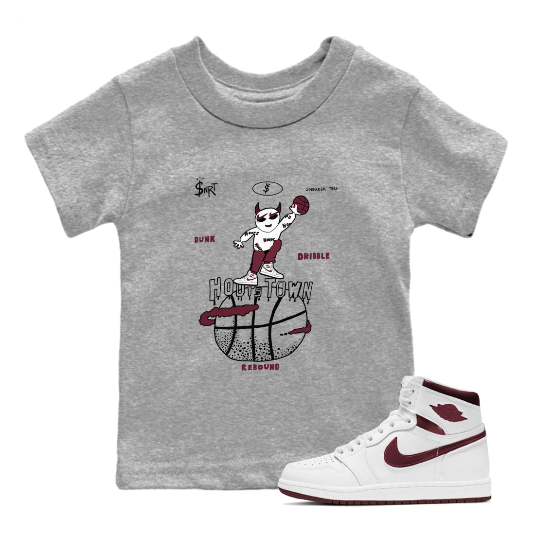 AJ1 Metallic Burgundy shirts to match jordans Hoops Town sneaker match tees Air Jordan 1 Metallic Burgundy Drip Gear Zone streetwear brand Baby and Youth Heather Grey 1 cotton tee