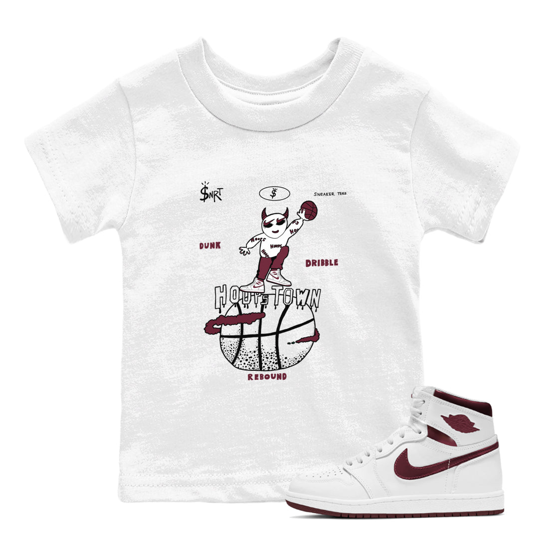 AJ1 Metallic Burgundy shirts to match jordans Hoops Town sneaker match tees Air Jordan 1 Metallic Burgundy Drip Gear Zone streetwear brand Baby and Youth White 1 cotton tee