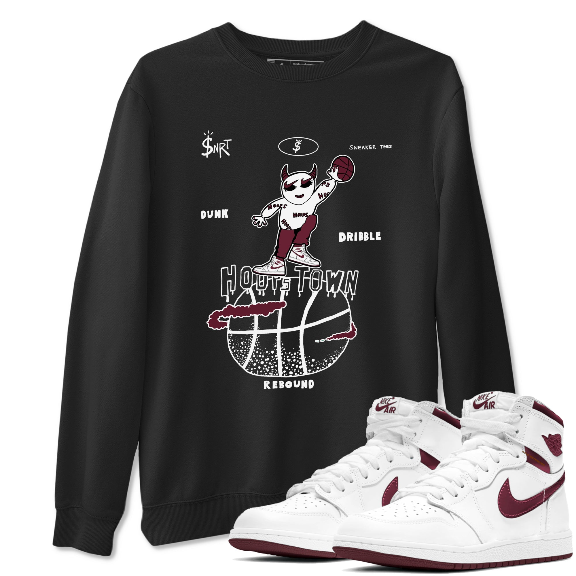AJ1 Metallic Burgundy shirts to match jordans Hoops Town sneaker match tees Air Jordan 1 Metallic Burgundy Drip Gear Zone streetwear brand Black 1 unisex cotton tee