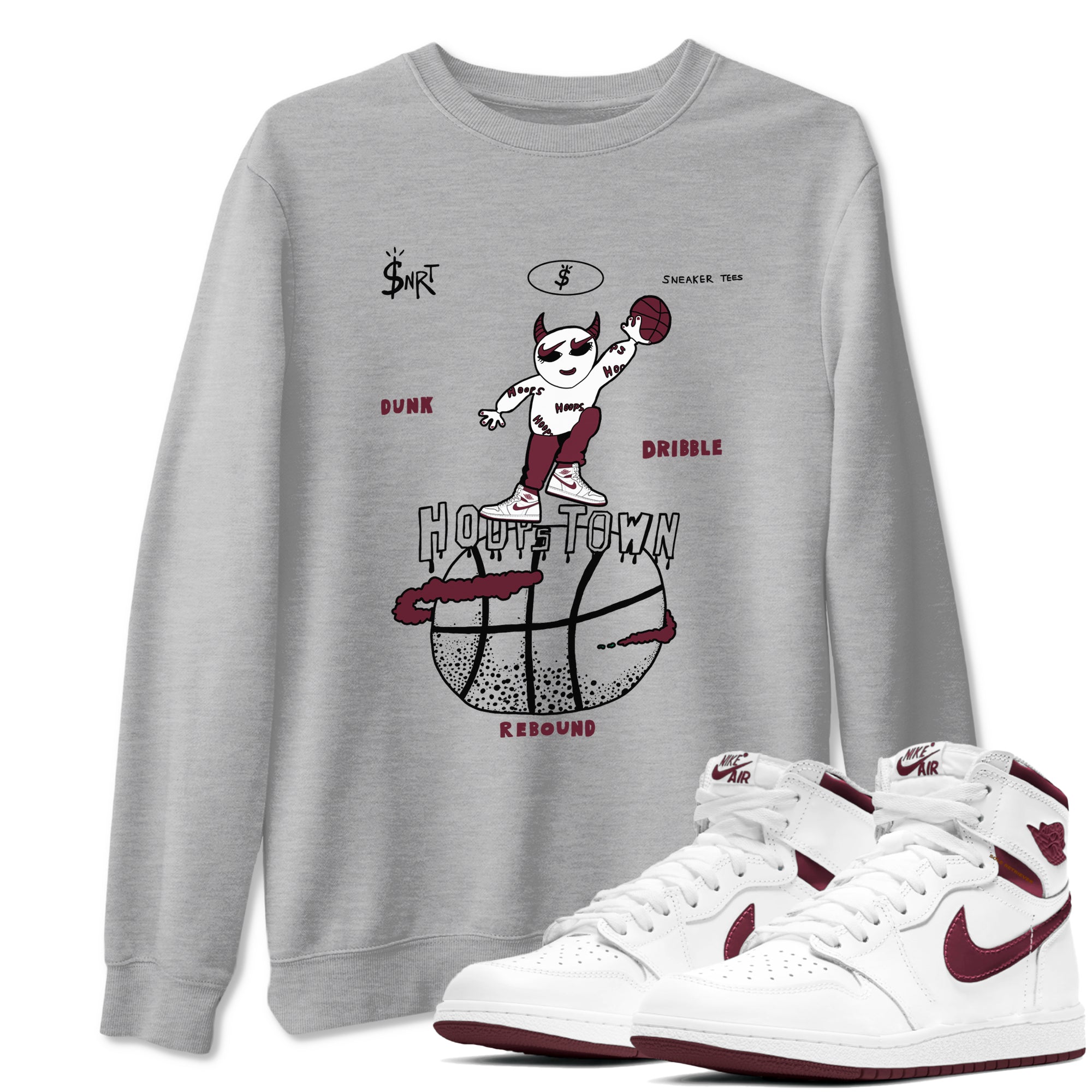AJ1 Metallic Burgundy shirts to match jordans Hoops Town sneaker match tees Air Jordan 1 Metallic Burgundy Drip Gear Zone streetwear brand Heather Grey 1 unisex cotton tee
