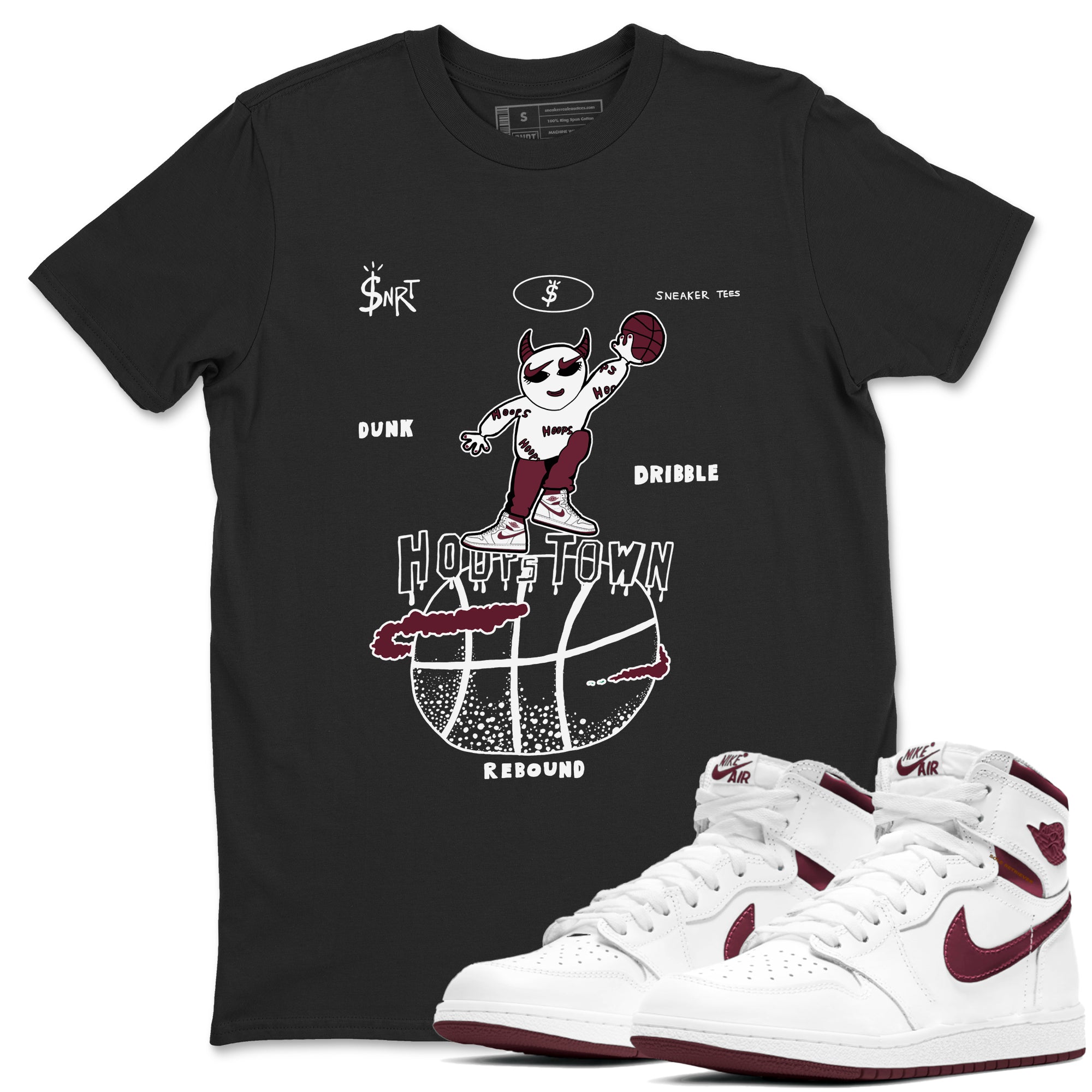 AJ1 Metallic Burgundy shirts to match jordans Hoops Town sneaker match tees Air Jordan 1 Metallic Burgundy Drip Gear Zone streetwear brand Black 1 unisex cotton tee