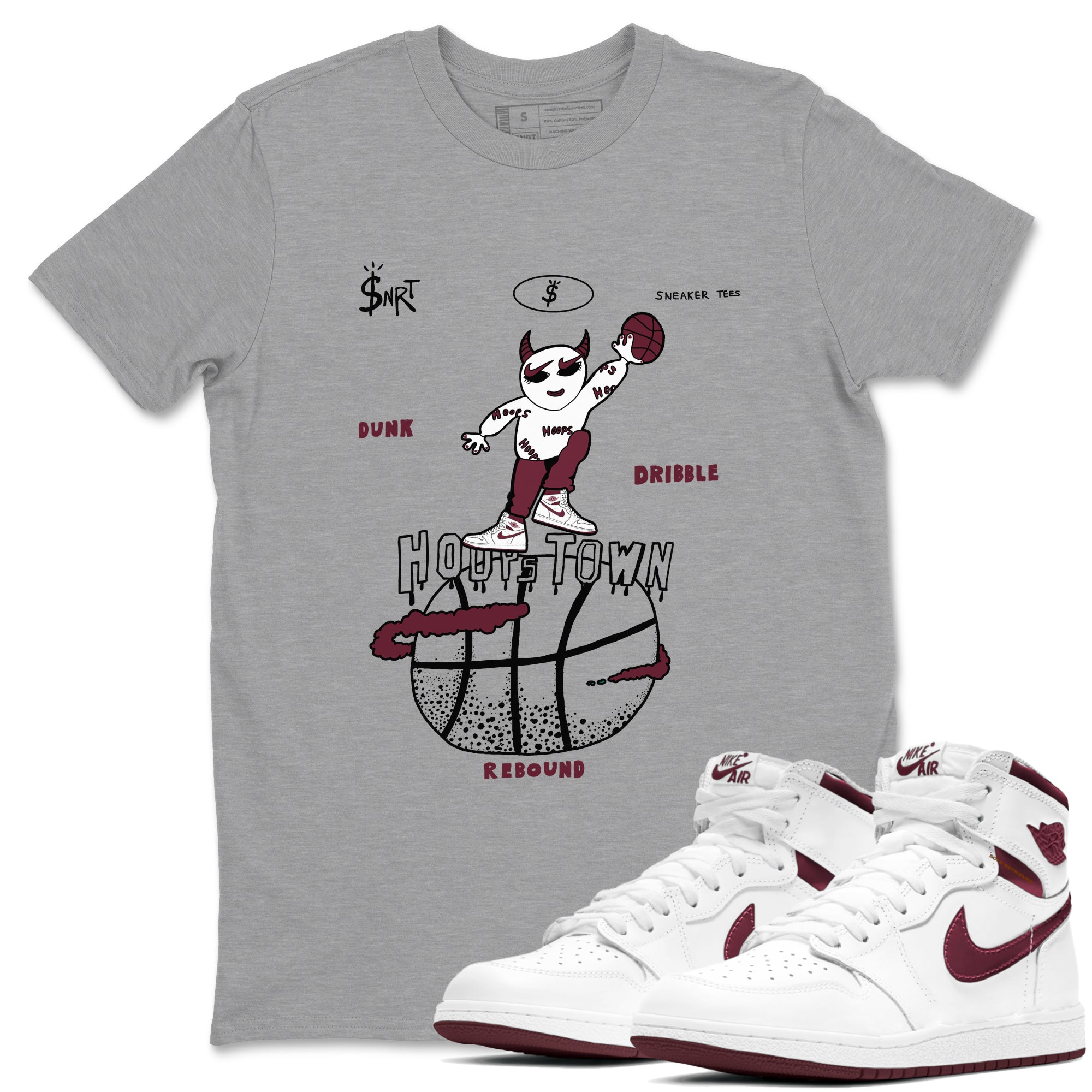 AJ1 Metallic Burgundy shirts to match jordans Hoops Town sneaker match tees Air Jordan 1 Metallic Burgundy Drip Gear Zone streetwear brand Heather Grey 1 unisex cotton tee