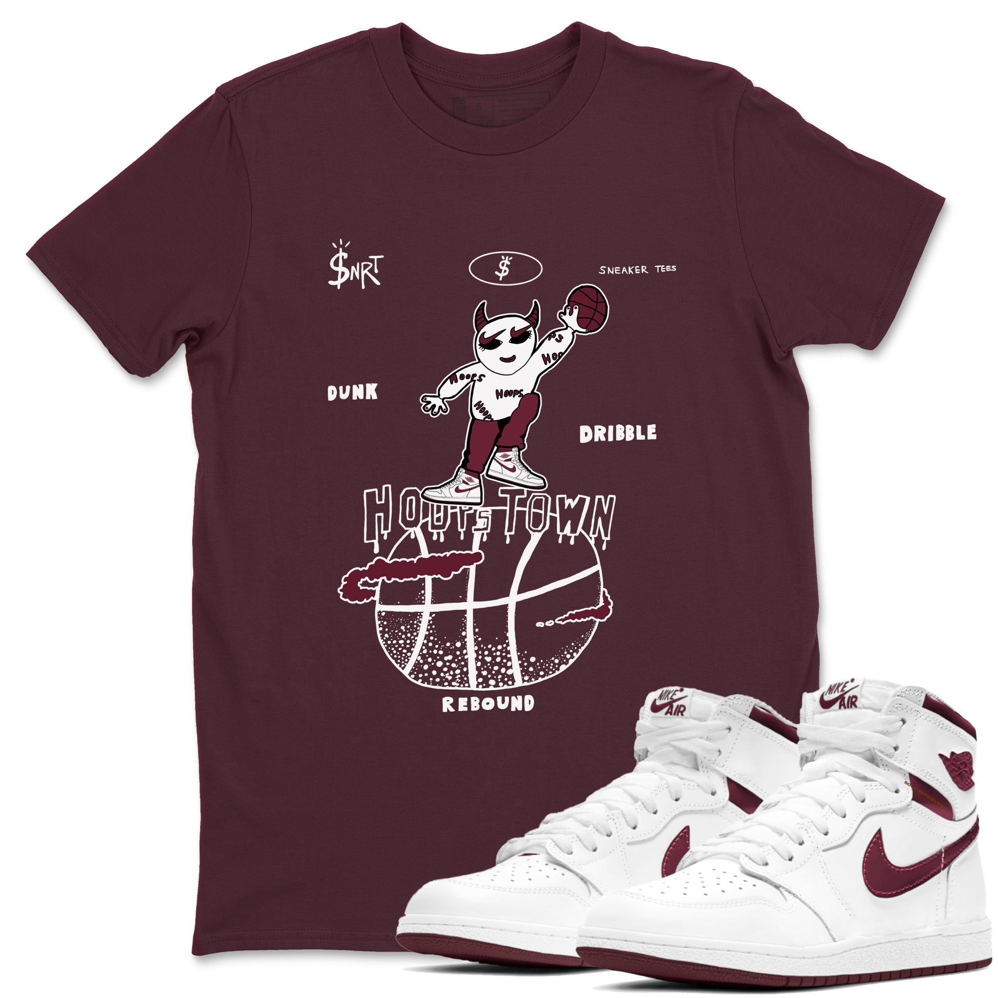 AJ1 Metallic Burgundy shirts to match jordans Hoops Town sneaker match tees Air Jordan 1 Metallic Burgundy Drip Gear Zone streetwear brand Maroon 1 unisex cotton tee