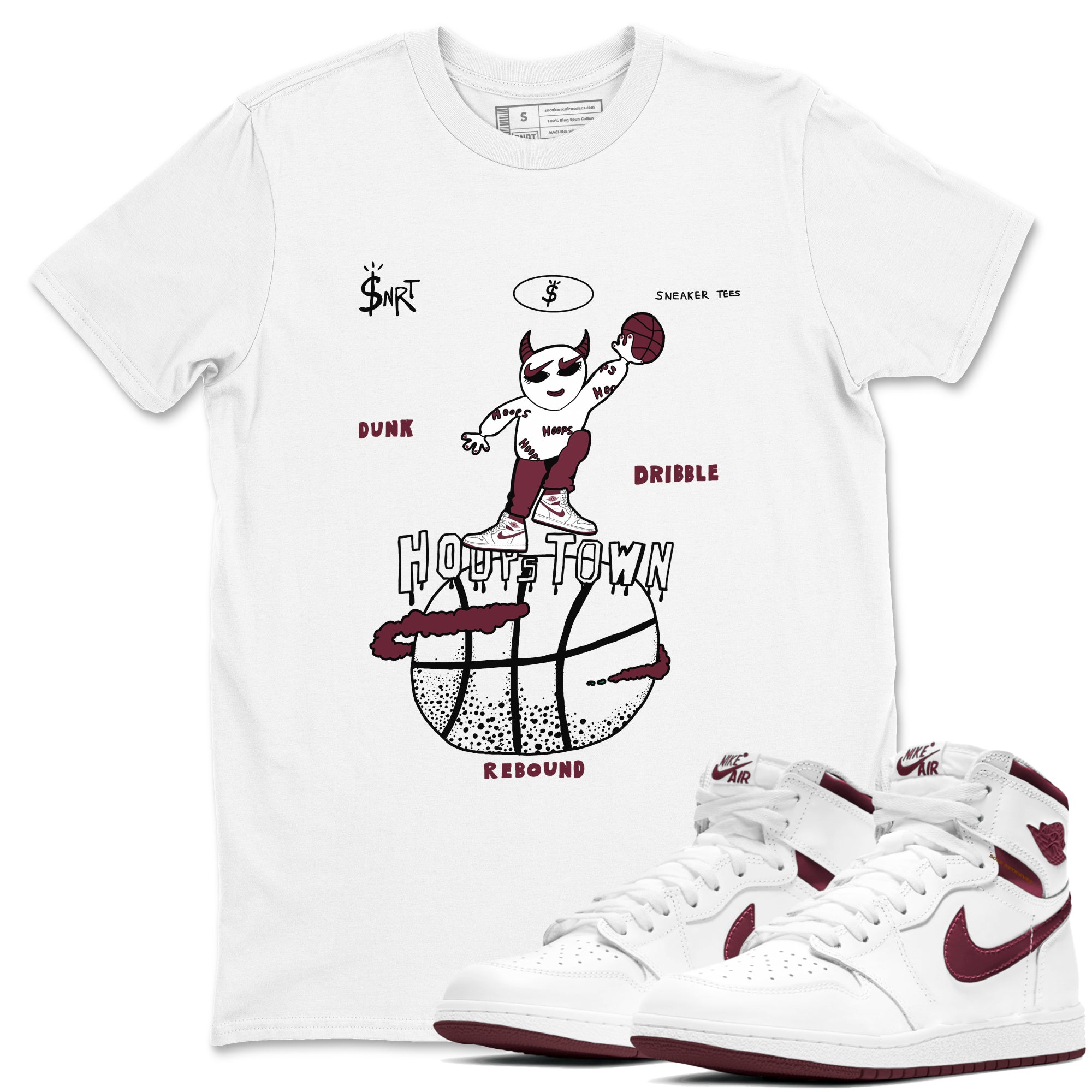 AJ1 Metallic Burgundy shirts to match jordans Hoops Town sneaker match tees Air Jordan 1 Metallic Burgundy Drip Gear Zone streetwear brand White 1 unisex cotton tee