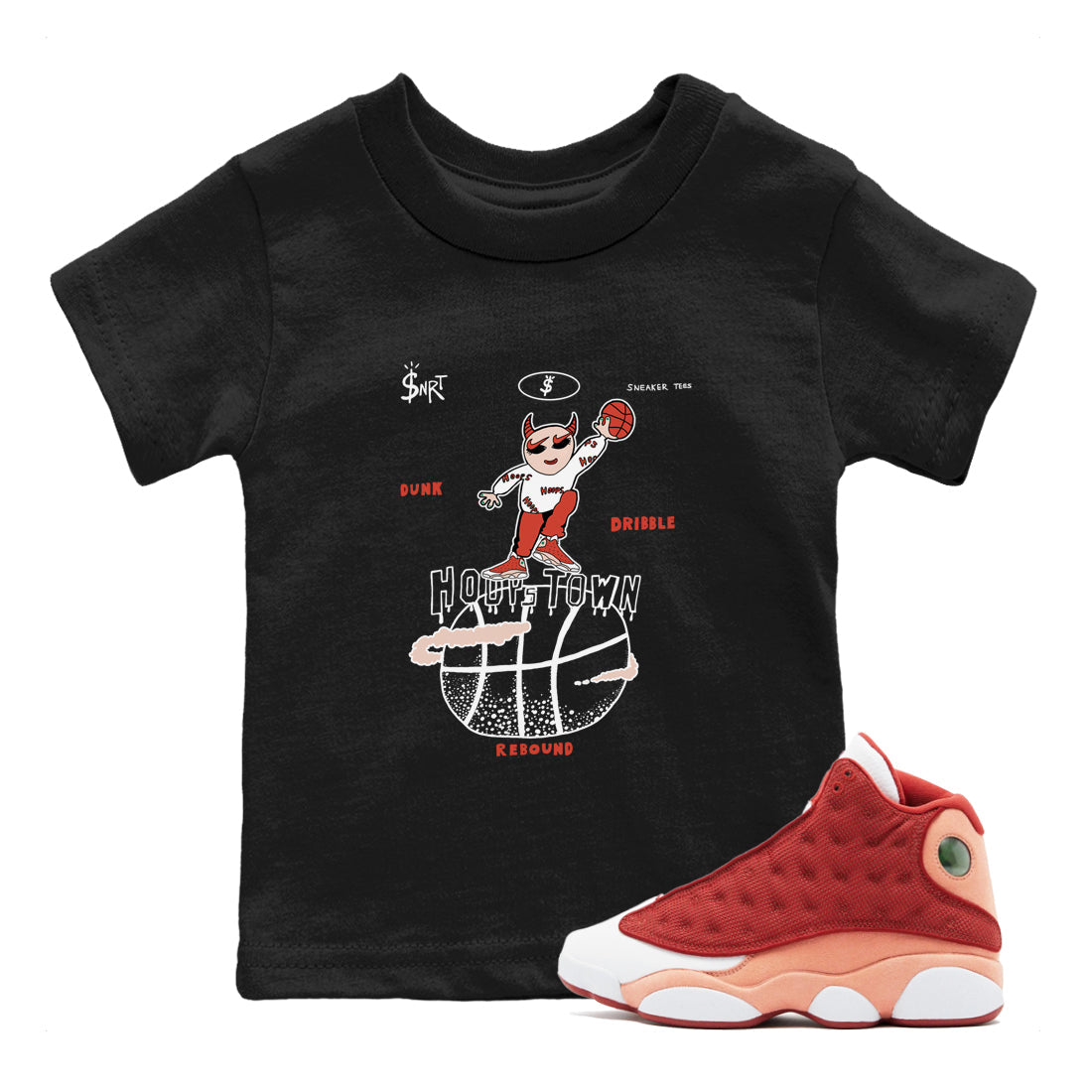 13s Dune Red shirts to match jordans Hoops Town sneaker match tees Air Jordan 13 Dune Red Drip Gear Zone streetwear brand Baby and Youth Black 1 cotton tee