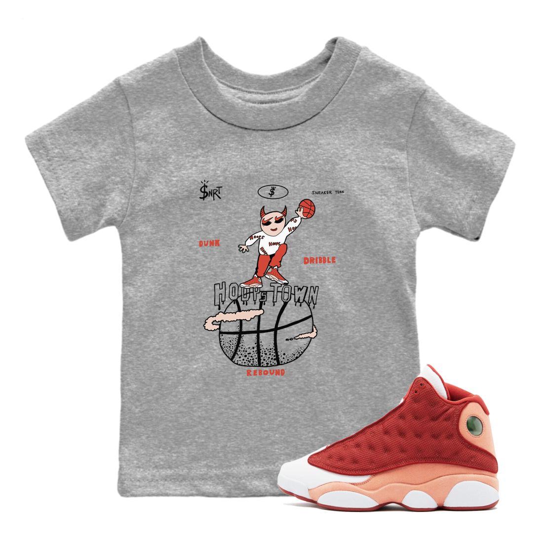 13s Dune Red shirts to match jordans Hoops Town sneaker match tees Air Jordan 13 Dune Red Drip Gear Zone streetwear brand Baby and Youth Heather Grey 1 cotton tee