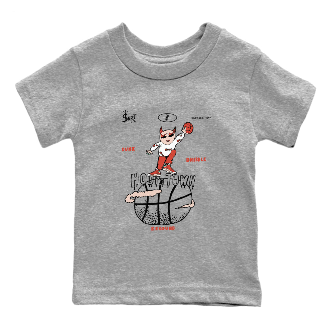 13s Dune Red shirts to match jordans Hoops Town sneaker match tees Air Jordan 13 Dune Red Drip Gear Zone streetwear brand Baby and Youth Heather Grey 2 cotton tee