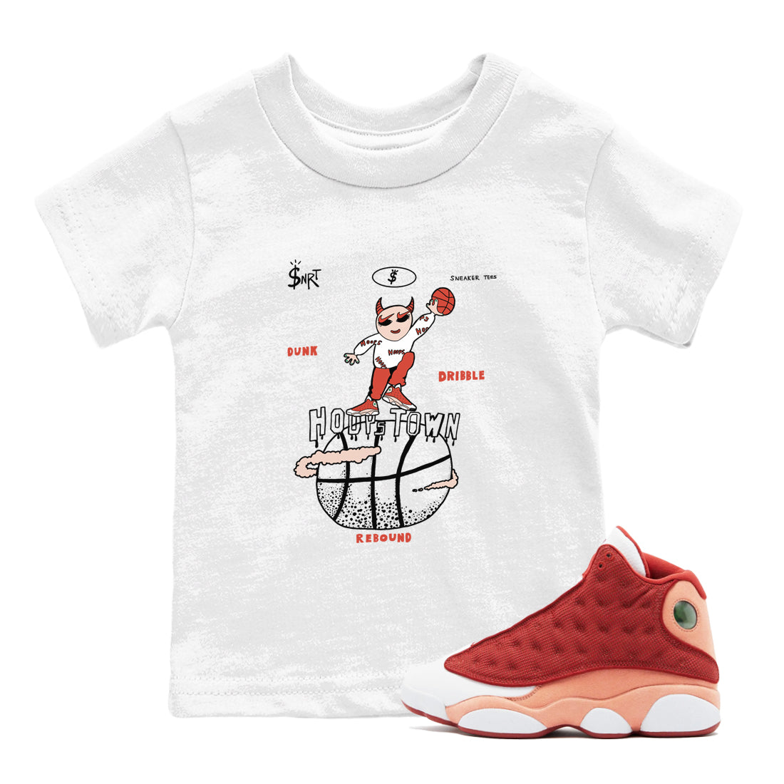 13s Dune Red shirts to match jordans Hoops Town sneaker match tees Air Jordan 13 Dune Red Drip Gear Zone streetwear brand Baby and Youth White 1 cotton tee