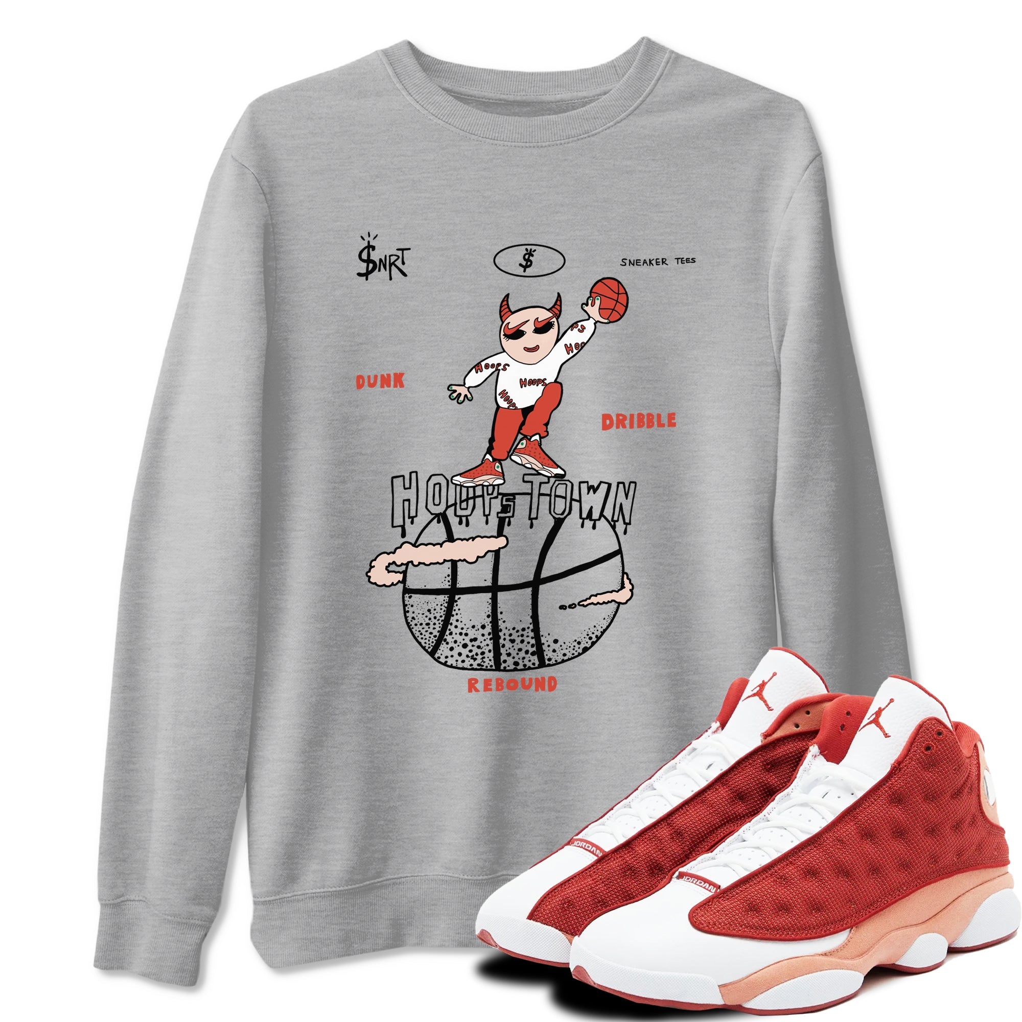 13s Dune Red shirts to match jordans Hoops Town sneaker match tees Air Jordan 13 Dune Red Drip Gear Zone streetwear brand Heather Grey 1 unisex cotton tee