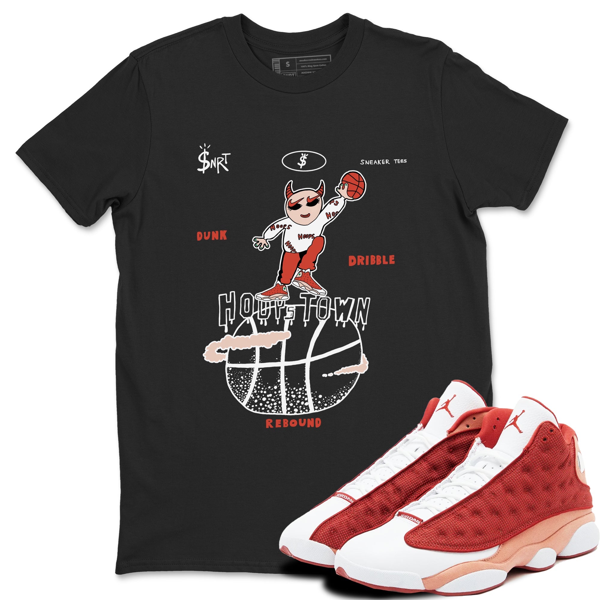 13s Dune Red shirts to match jordans Hoops Town sneaker match tees Air Jordan 13 Dune Red Drip Gear Zone streetwear brand Black 1 unisex cotton tee