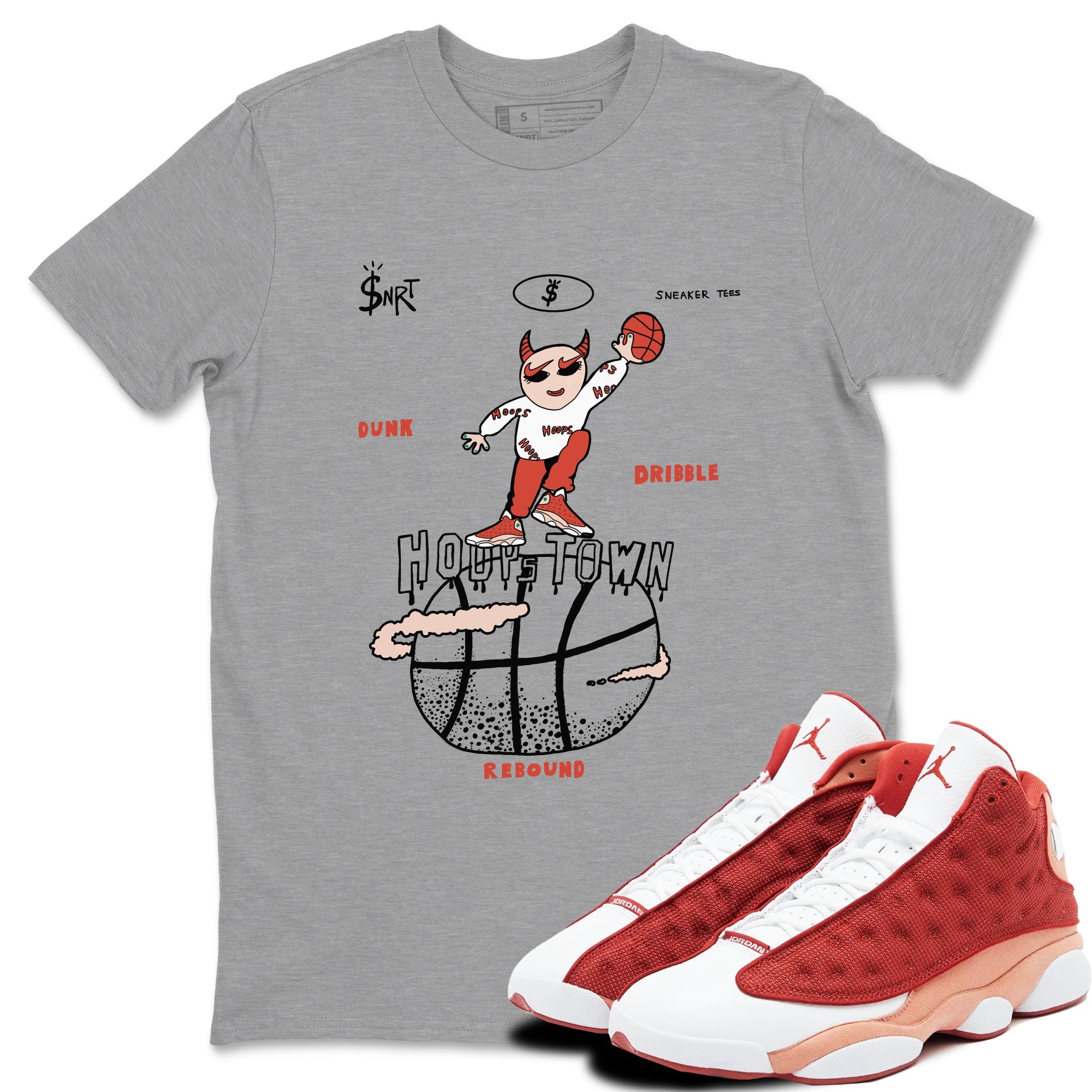 13s Dune Red shirts to match jordans Hoops Town sneaker match tees Air Jordan 13 Dune Red Drip Gear Zone streetwear brand Heather Grey 1 unisex cotton tee