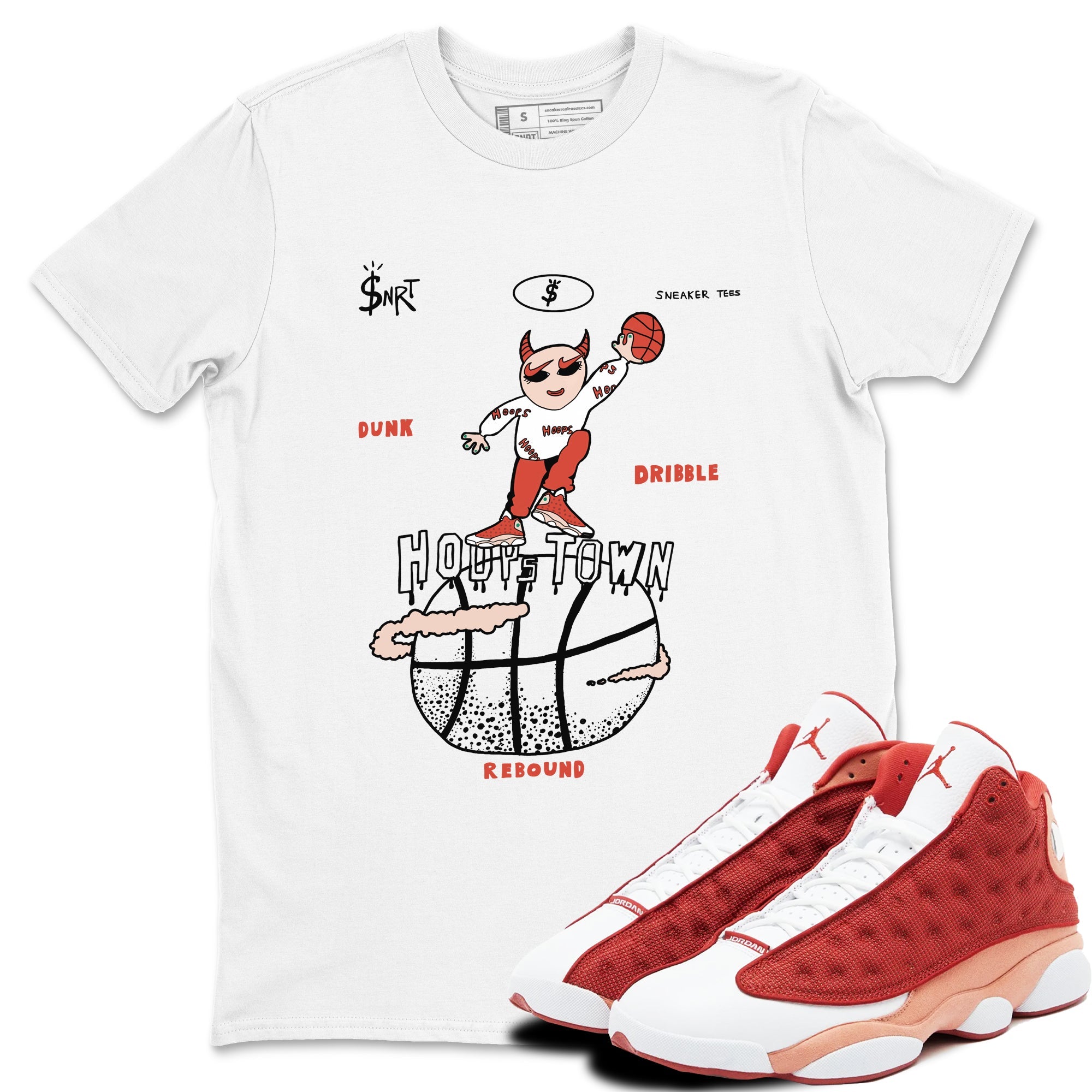13s Dune Red shirts to match jordans Hoops Town sneaker match tees Air Jordan 13 Dune Red Drip Gear Zone streetwear brand White 1 unisex cotton tee