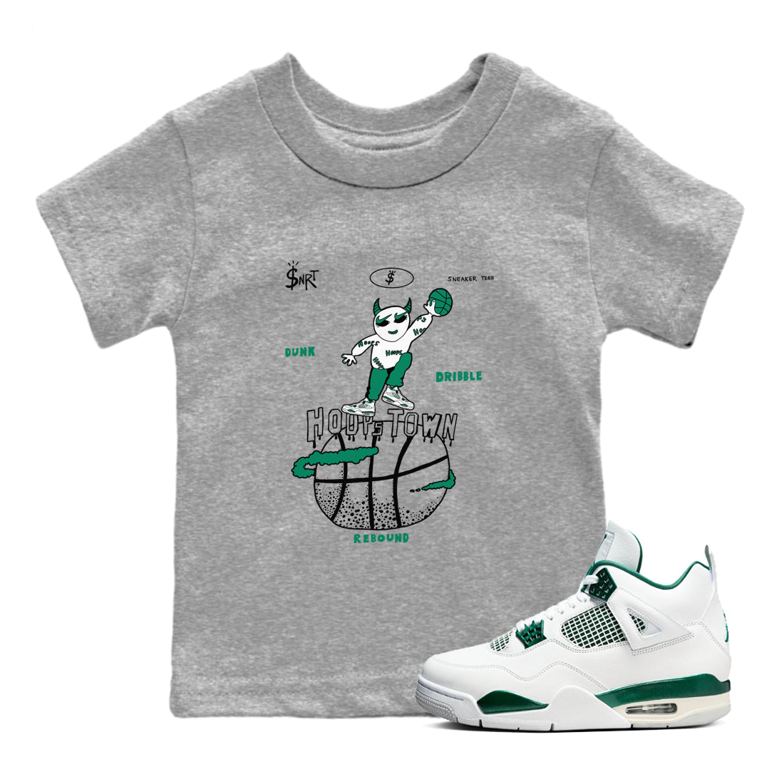 4s Oxidized Green shirts to match jordans Hoops Town sneaker match tees Air Jordan 4 Oxidized Green Drip Gear Zone streetwear brand Baby and Youth Heather Grey 1 cotton tee