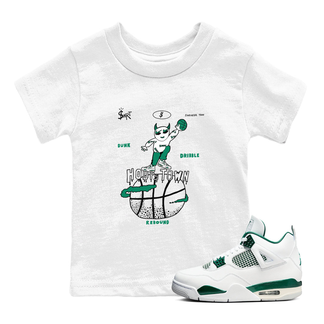 4s Oxidized Green shirts to match jordans Hoops Town sneaker match tees Air Jordan 4 Oxidized Green Drip Gear Zone streetwear brand Baby and Youth White 1 cotton tee