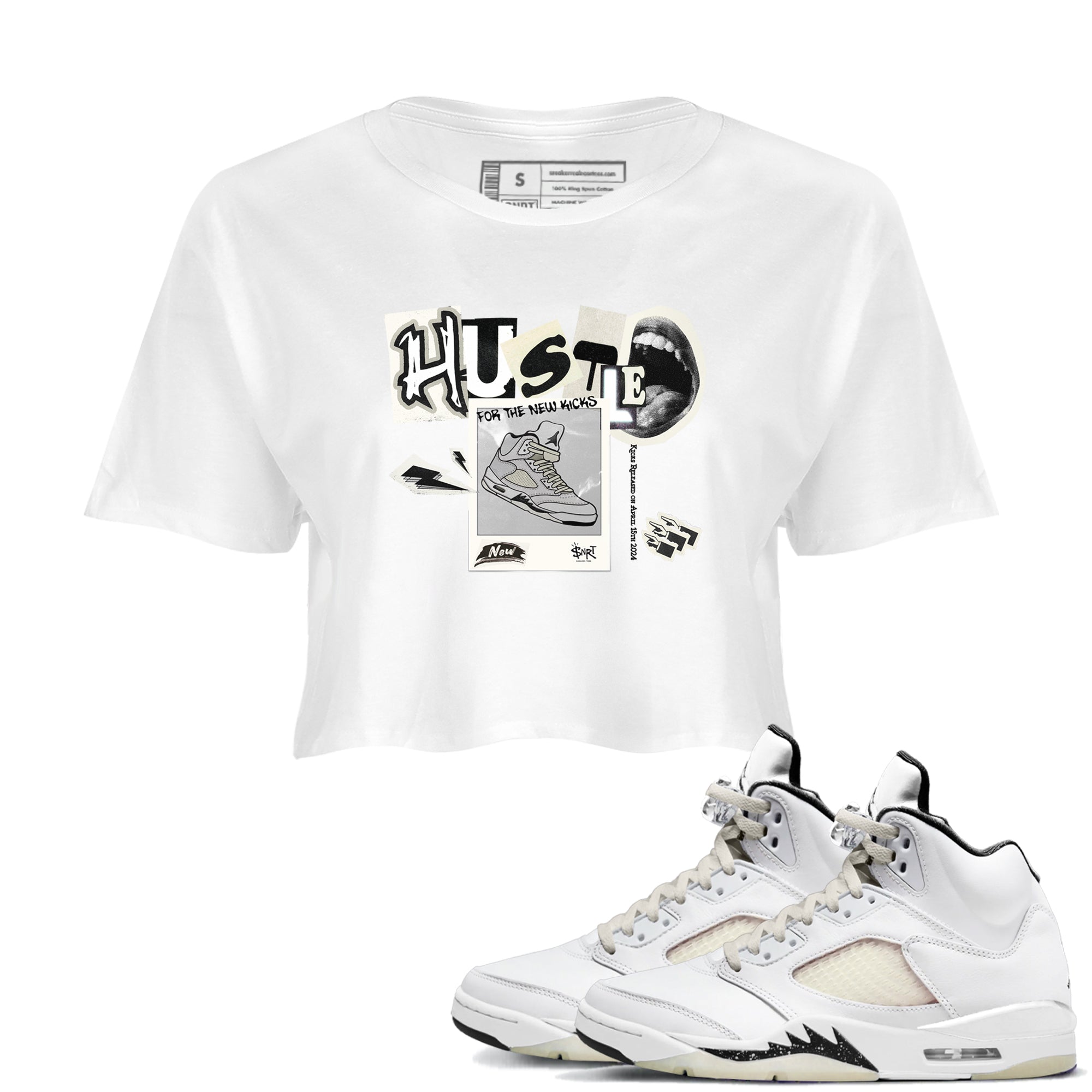 AJ5 Sail shirt to match jordans Hustle For The New Kicks sneaker tees Air Jordan 5 Sail Drip Gear Zone White 1 crop length shirt
