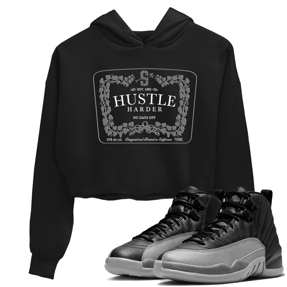 12s Black Wolf Grey shirts to match jordans Hustle Harder sneaker match tees Air Jordan 12 Black Wolf Grey match shoes to clothes Drip Gear Zone unisex cotton Black 1 crop tee