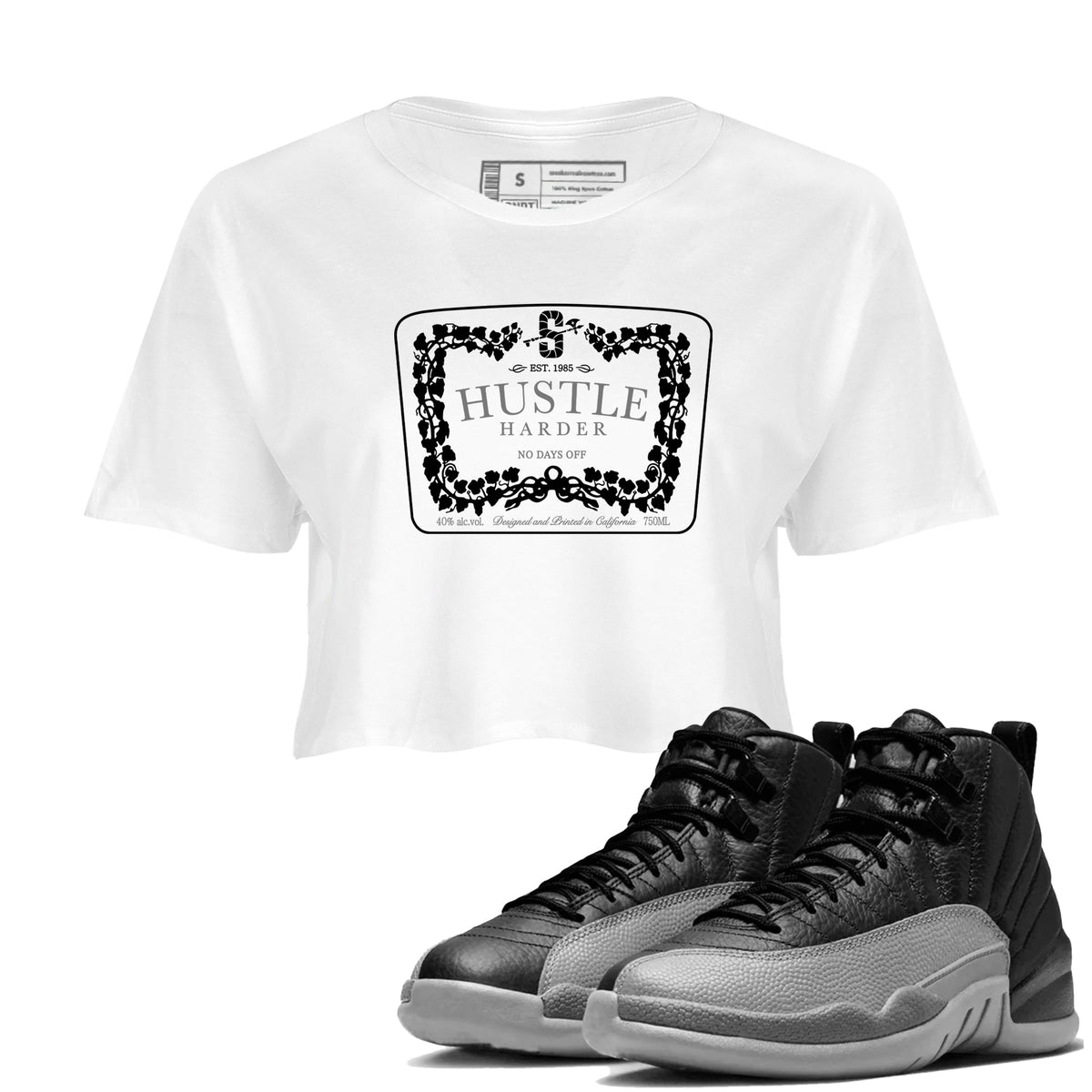 12s Black Wolf Grey shirts to match jordans Hustle Harder sneaker match tees Air Jordan 12 Black Wolf Grey match shoes to clothes Drip Gear Zone unisex cotton White 1 crop tee