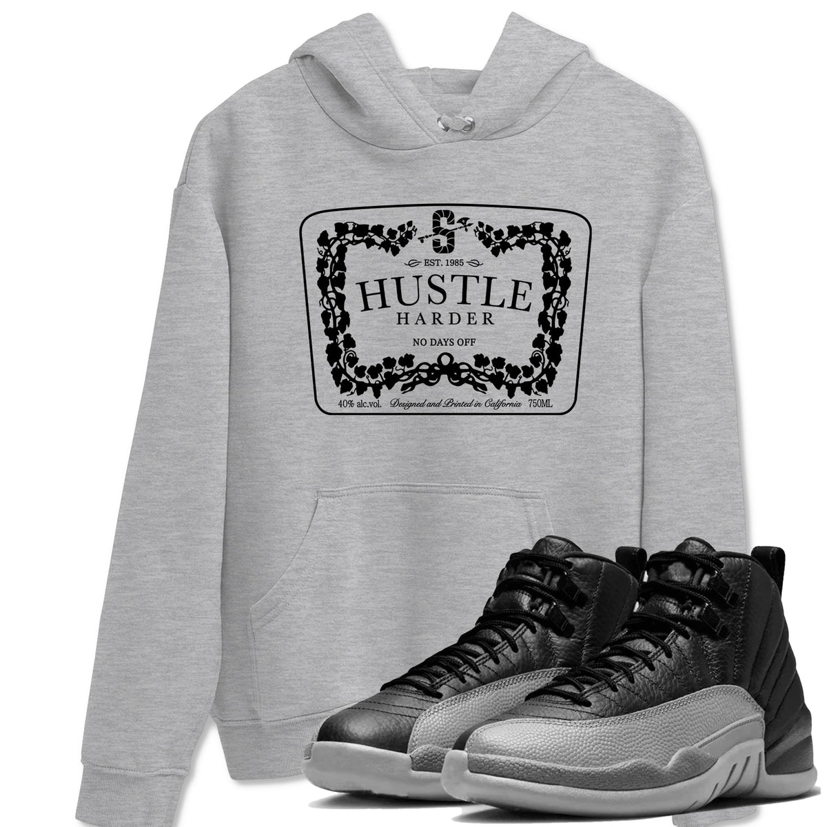 12s Black Wolf Grey shirts to match jordans Hustle Harder sneaker match tees Air Jordan 12 Black Wolf Grey match shoes to clothes Drip Gear Zone unisex cotton Heather Grey 1 shirts