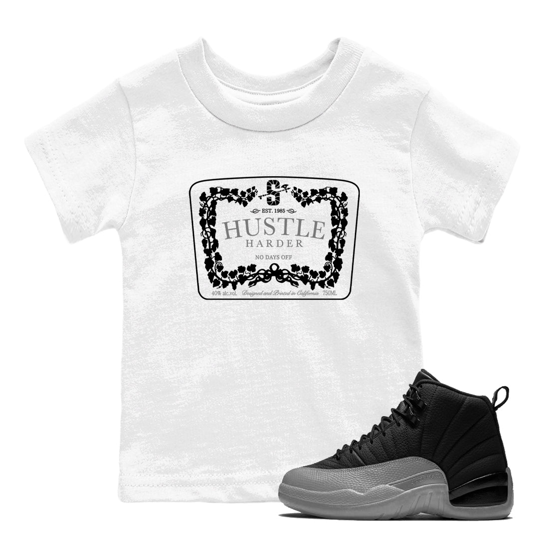 12s Black Wolf Grey shirts to match jordans Hustle Harder sneaker match tees Air Jordan 12 Black Wolf Grey match shoes to clothes Drip Gear Zone Youth Baby White 1 tee