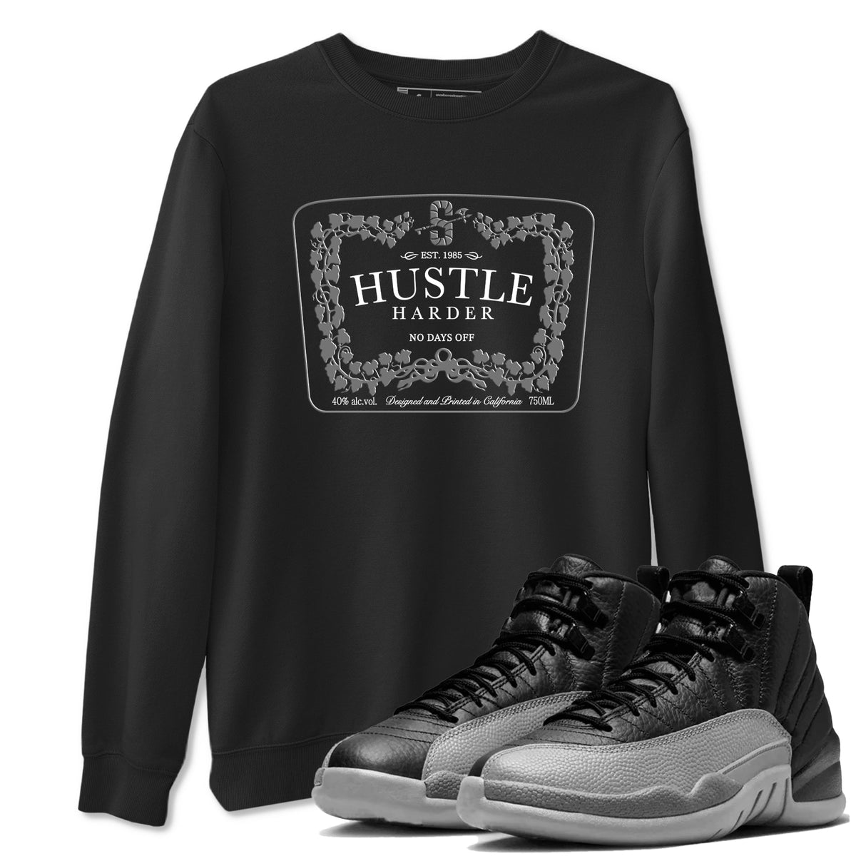 12s Black Wolf Grey shirts to match jordans Hustle Harder sneaker match tees Air Jordan 12 Black Wolf Grey match shoes to clothes Drip Gear Zone unisex cotton Black 1 shirts