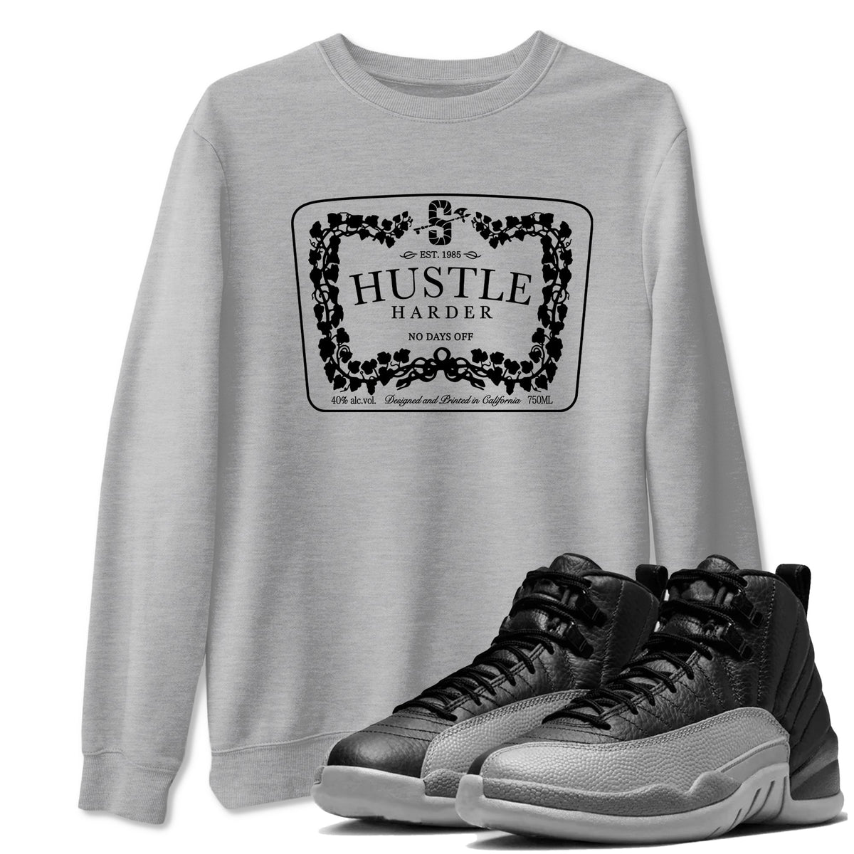 12s Black Wolf Grey shirts to match jordans Hustle Harder sneaker match tees Air Jordan 12 Black Wolf Grey match shoes to clothes Drip Gear Zone unisex cotton Heather Grey 1 shirts