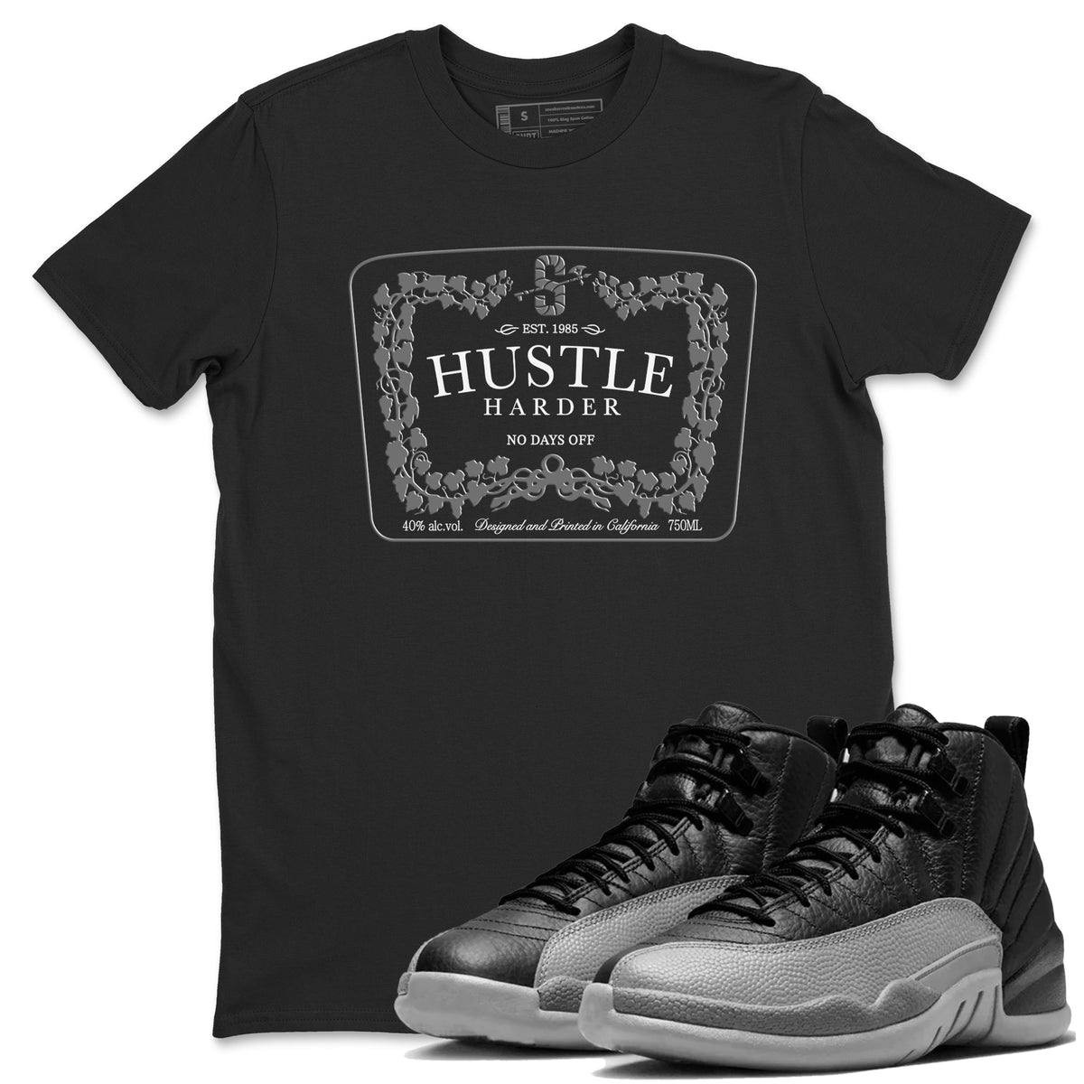 12s Black Wolf Grey shirts to match jordans Hustle Harder sneaker match tees Air Jordan 12 Black Wolf Grey match shoes to clothes Drip Gear Zone unisex cotton Black 1 shirts