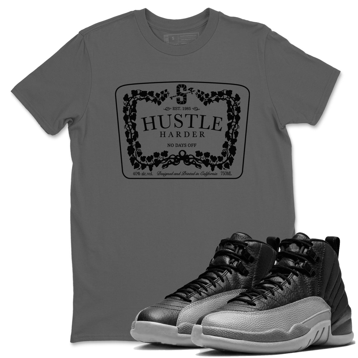 12s Black Wolf Grey shirts to match jordans Hustle Harder sneaker match tees Air Jordan 12 Black Wolf Grey match shoes to clothes Drip Gear Zone unisex cotton Cool Grey 1 shirts