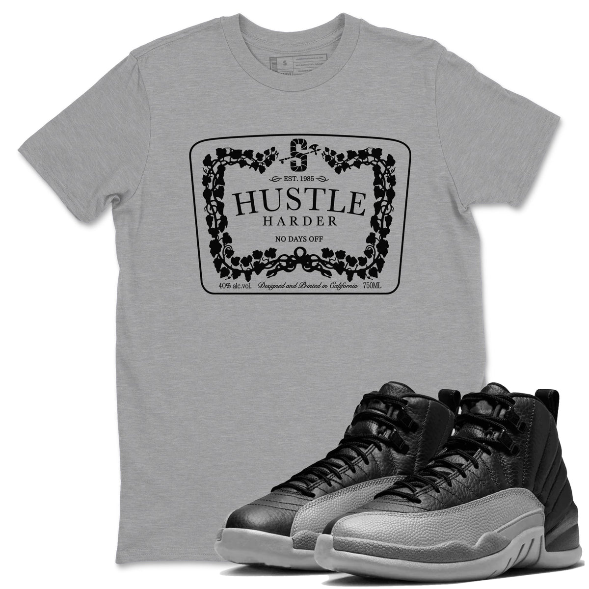 12s Black Wolf Grey shirts to match jordans Hustle Harder sneaker match tees Air Jordan 12 Black Wolf Grey match shoes to clothes Drip Gear Zone unisex cotton Heather Grey 1 shirts