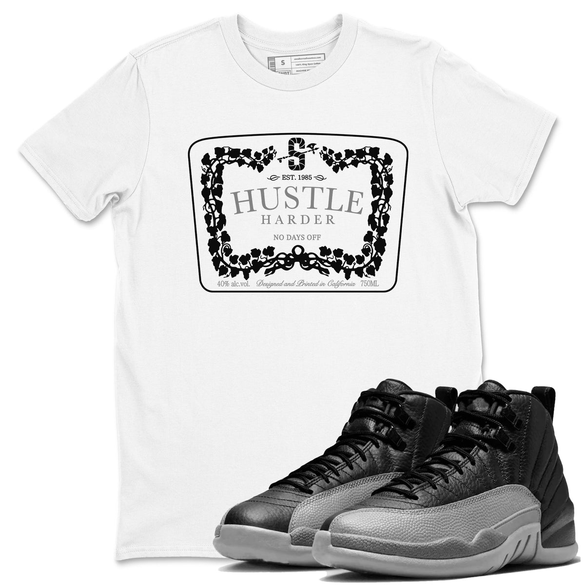 12s Black Wolf Grey shirts to match jordans Hustle Harder sneaker match tees Air Jordan 12 Black Wolf Grey match shoes to clothes Drip Gear Zone unisex cotton White 1 shirts