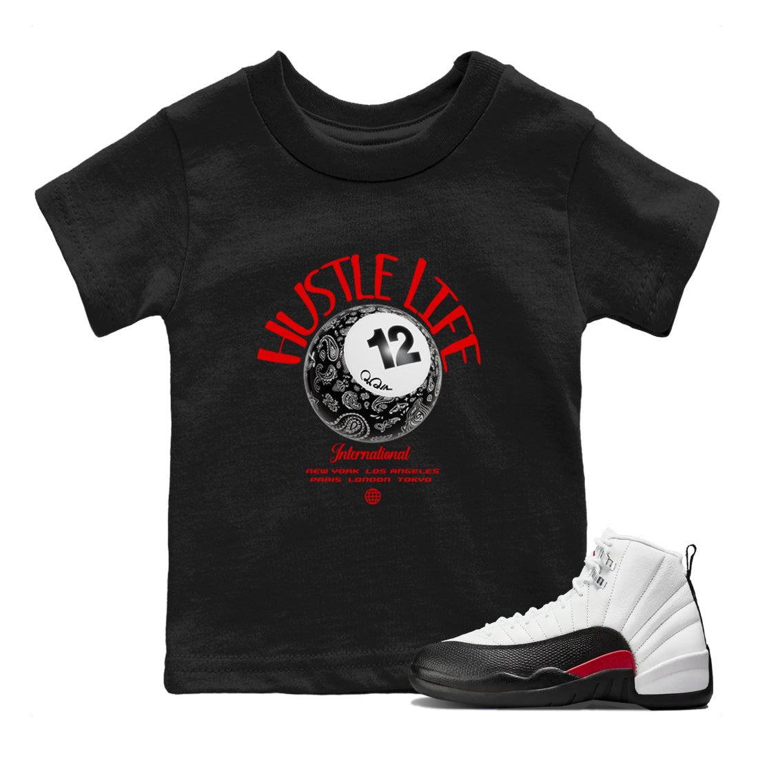 12s Taxi Flip shirts to match jordans Hustle Life sneaker match tees Air Jordan 12 Taxi Flip Drip Gear Zone streetwear brand Baby and Youth Black 1 cotton tee