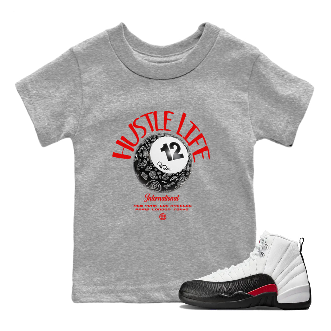 12s Taxi Flip shirts to match jordans Hustle Life sneaker match tees Air Jordan 12 Taxi Flip Drip Gear Zone streetwear brand Baby and Youth Heather Grey 1 cotton tee