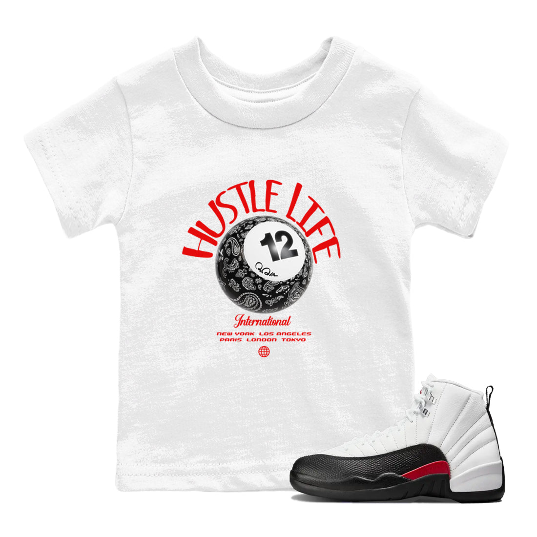 12s Taxi Flip shirts to match jordans Hustle Life sneaker match tees Air Jordan 12 Taxi Flip Drip Gear Zone streetwear brand Baby and Youth White 1 cotton tee