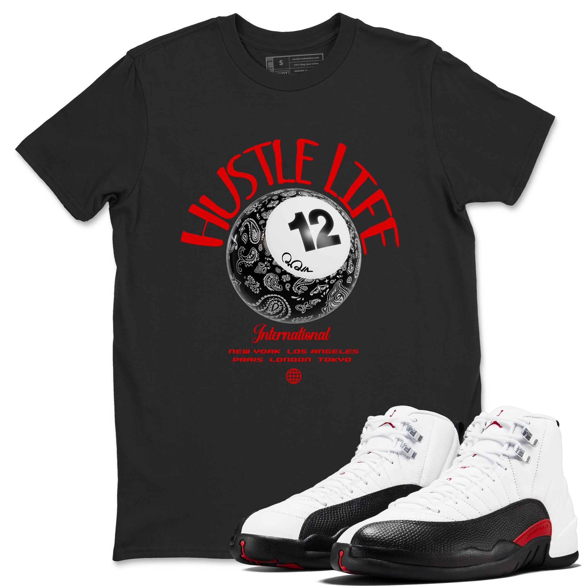 12s Taxi Flip shirts to match jordans Hustle Life sneaker match tees Air Jordan 12 Taxi Flip Drip Gear Zone streetwear brand Black 1 unisex cotton tee